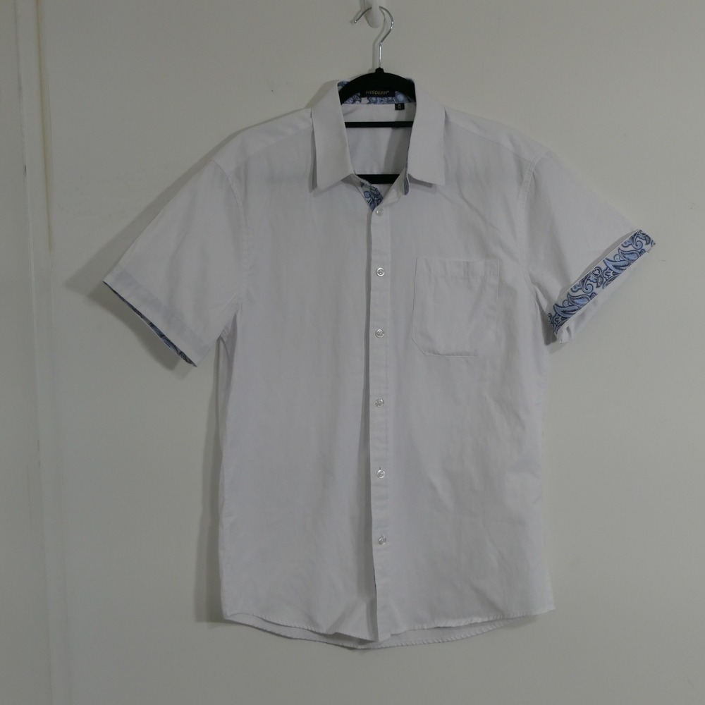 Hisdern Mens Shirt M White Short Sleeve Button Down‎ Paisley Contrast Trim